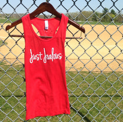 Just Jealous Clothing - Our popular Red Just Jealous tank top with the "Just Jealous" heart logo on the back!